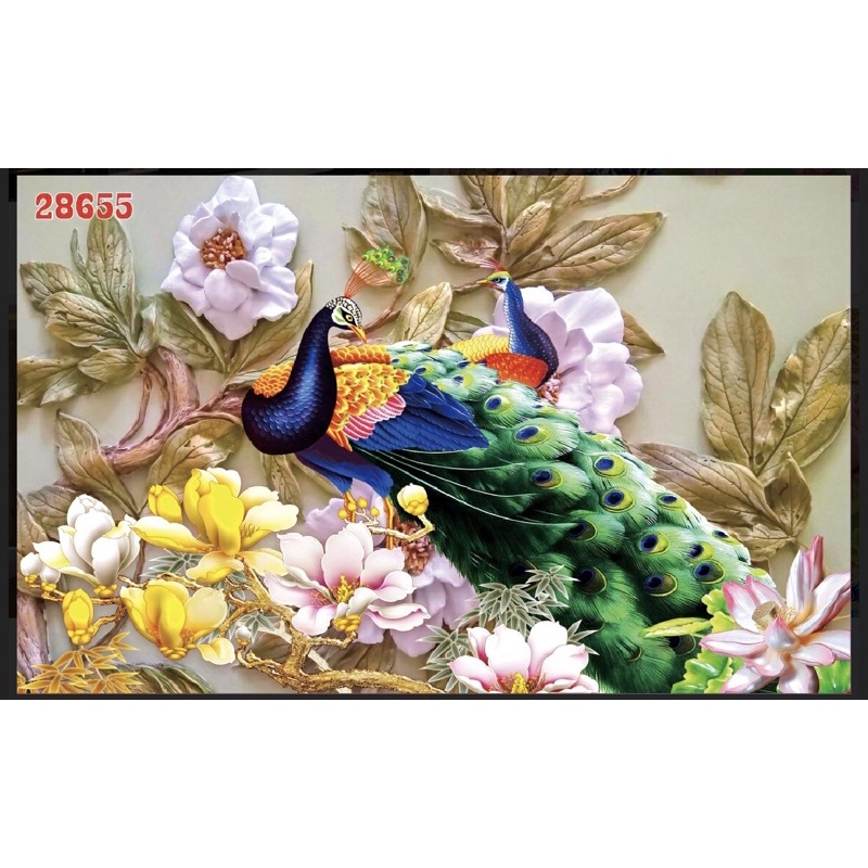 Tranh phong thuỷ chim công hoa mẫu đơn dán tường 3d. tranh in vải lụa kèm keo