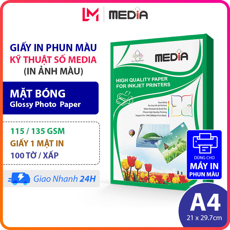Giấy in ảnh media a4 bóng 1 mặt in 115/135gsm 100 tờgiấy ảnh loại mỏng in tờ rơi glossy photo paper 21x30, giấy in phun màu a4