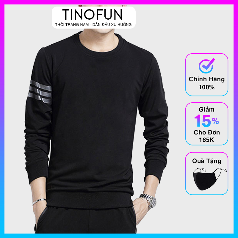 Áo thun nam thể thao TINOFUN 3 Vạch cổ tròn đẹp tay dài mã TT74-Q phong cách Hàn Quốc form rộng cho mùa hè