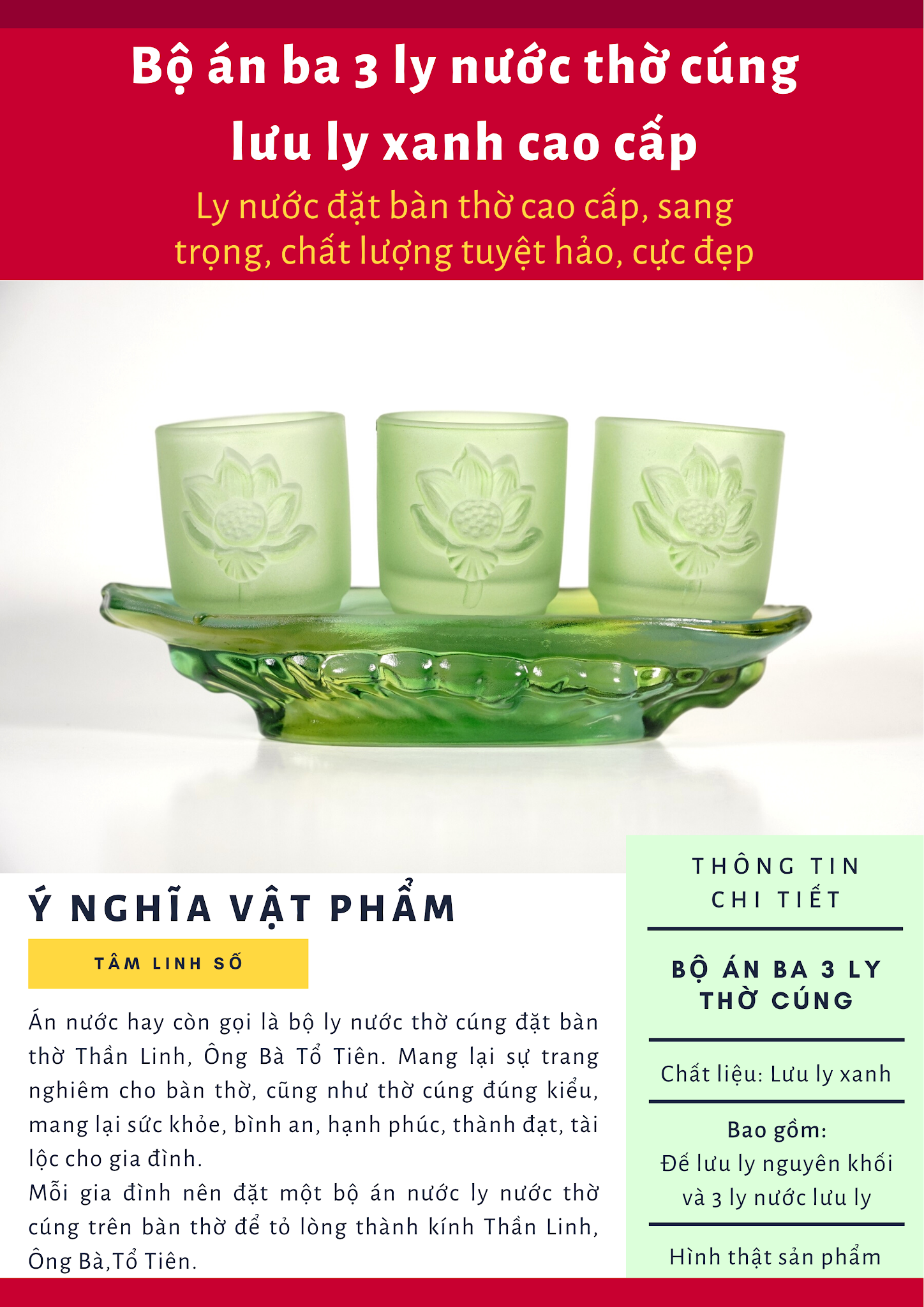 Bộ án ba 3 ly nước thờ cúng lưu ly xanh ngọc bích cao cấp