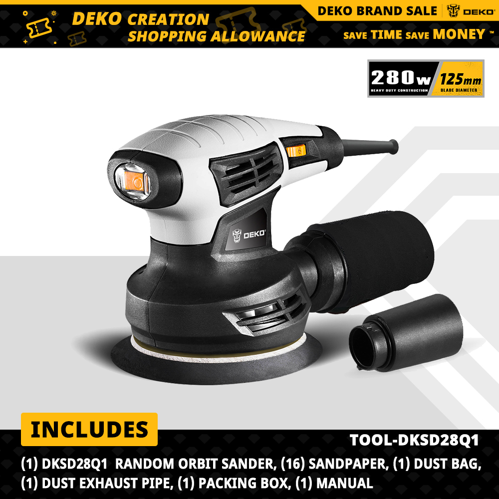 Máy chà nhám quỹ đạo ngẫu nhiên deko 280w với 15 tờ giấy nhám ống xả bụi và ống đựng bụi lai