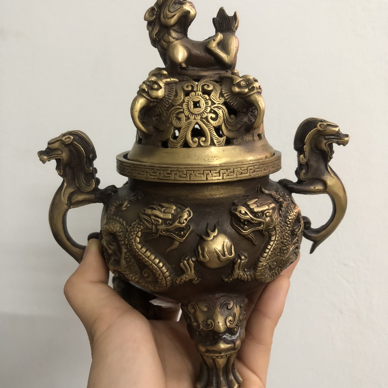 Lư đồng xông trầm cao cấp - đỉnh xông trầm Lưỡng lòng chầu nhật