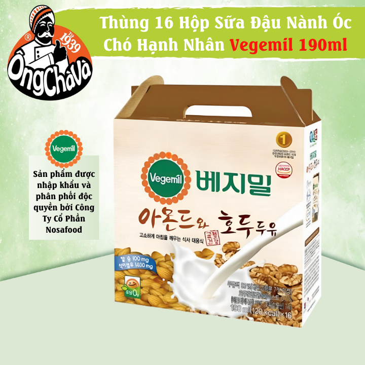 [NHẬP KHẨU HÀN QUỐC] Khay 16 Hộp Sữa Đậu Nành Vegemil Óc Chó Hạnh Nhân 190ml - Sữa Thực Vật 0% Chất Béo