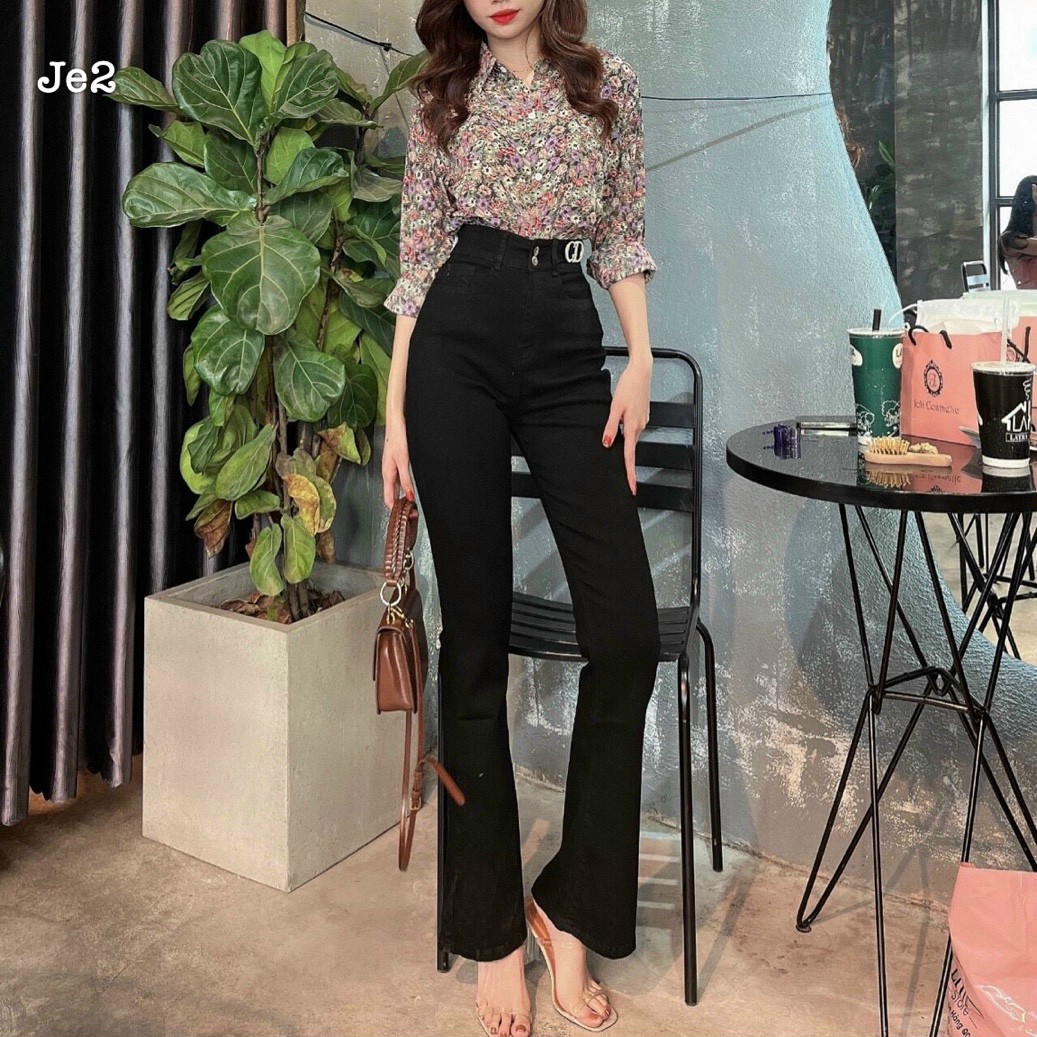 Quần jean nữ ống loe bass lưng cao che khuyết điểm,chất bò co dãn mạnh gập lai thời trang PINKY79SHOP D775