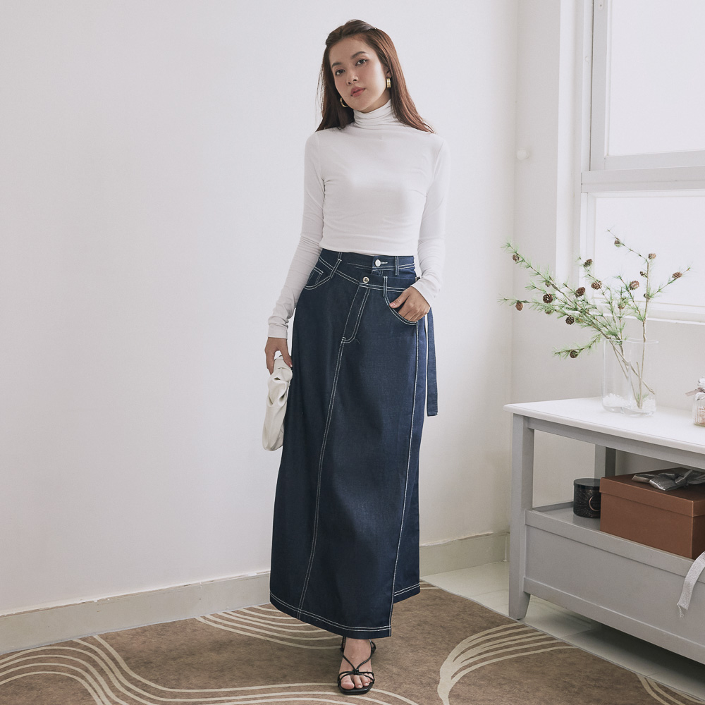 Chân váy Maybi suông jean đắp tà kiểu