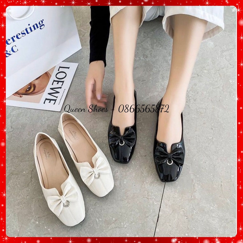 Giày bệt búp bê nữ đế bằng da bóng đính nơ mũi vuông đế cao su đúc siêu mềm hàng Quảng Châu cao cấp