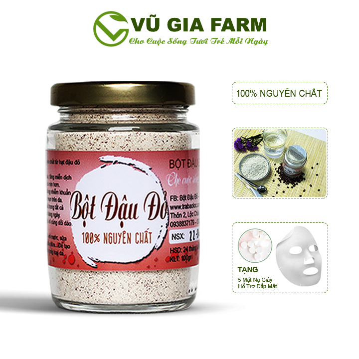 Bột Đậu Đỏ Nguyên Chất Vũ Gia (100g/hũ) + Tặng 5 Mặt Nạ Giấy - Hỗ trợ đắp mặt dưỡng da, đẹp da, cải thiện sắc tố da - Đã được kiểm nghiệm y tế