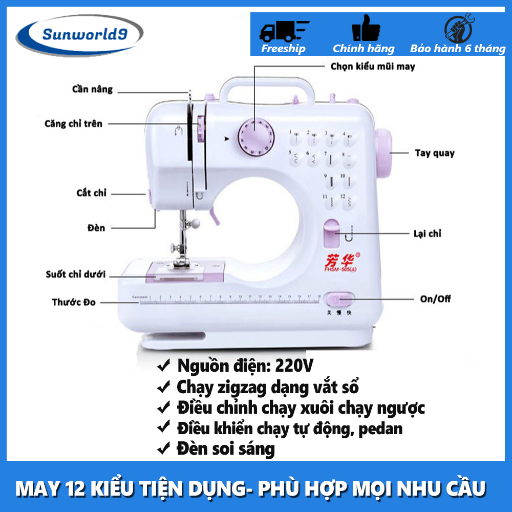 Máy May Mini Gia Đình 12 Kiểu May FHSM 505A, Máy May Gia Đình Giá Rẻ, Máy May Gia Đình Đa Năng, Máy May Gia Đình Dưới 1 Triệu, Máy May Gia Đình Có Vắt Sổ, Dễ Dàng Sử Dụng, Bảo Hành 06 Tháng