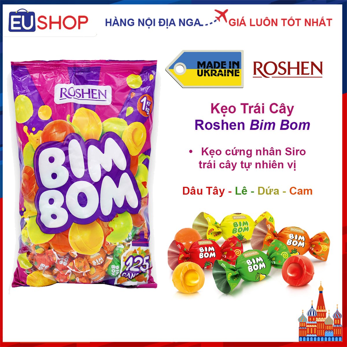 Kẹo nhân siro trái cây tự nhiên roshen bim bom – lê – dứa – dâu tây – cam