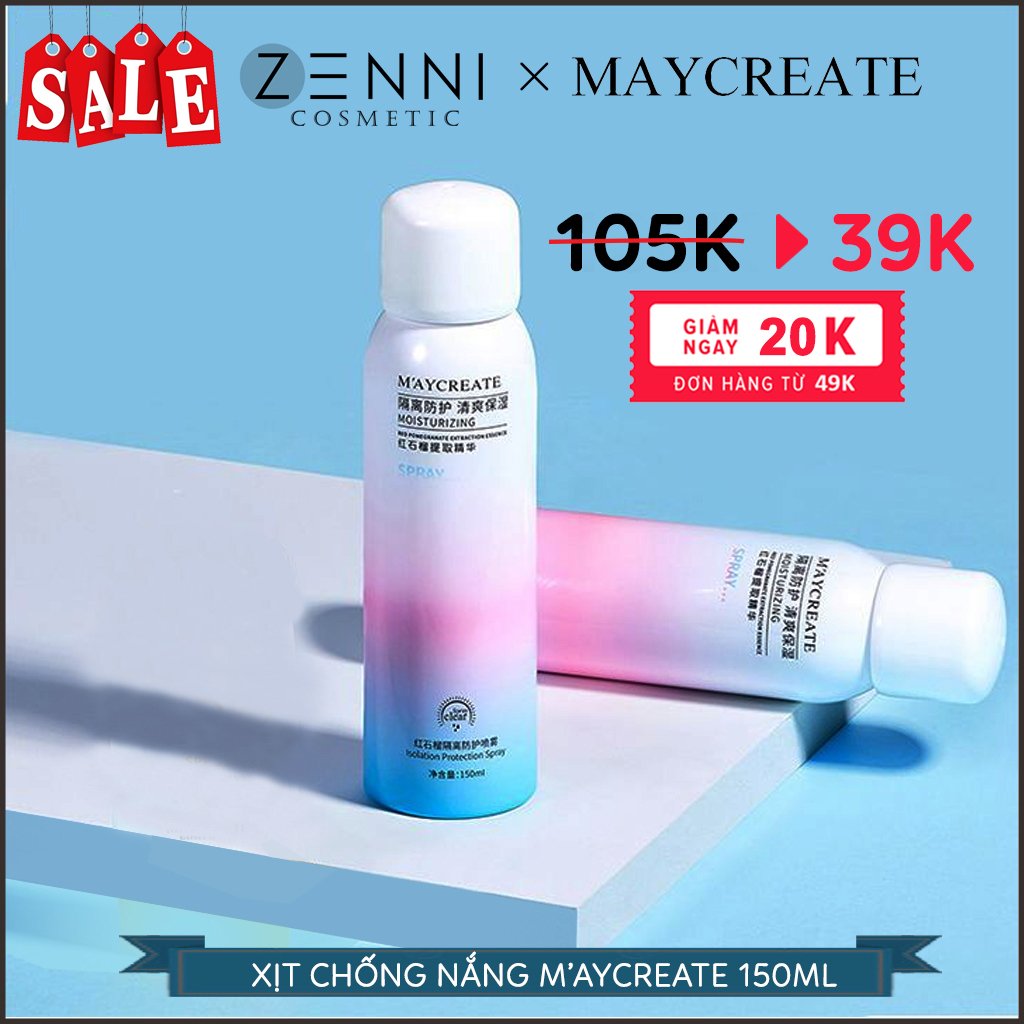 [MIỄN SHIP + GIẢM THÊM 20K] Xịt chống nắng Maycreate dạng phun sương toàn thân, nâng tone làm trắng da, dưỡng ẩm không bết dính, không thấm nước 150ml - Zenni