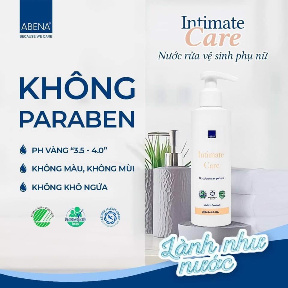 Dung dịch vệ sinh phụ nữ ABENA Intimate Care Đan Mạch, nước rửa vệ sinh giúp khử mùi hôi, làm sạch và cân bằng độ axit, 200ml