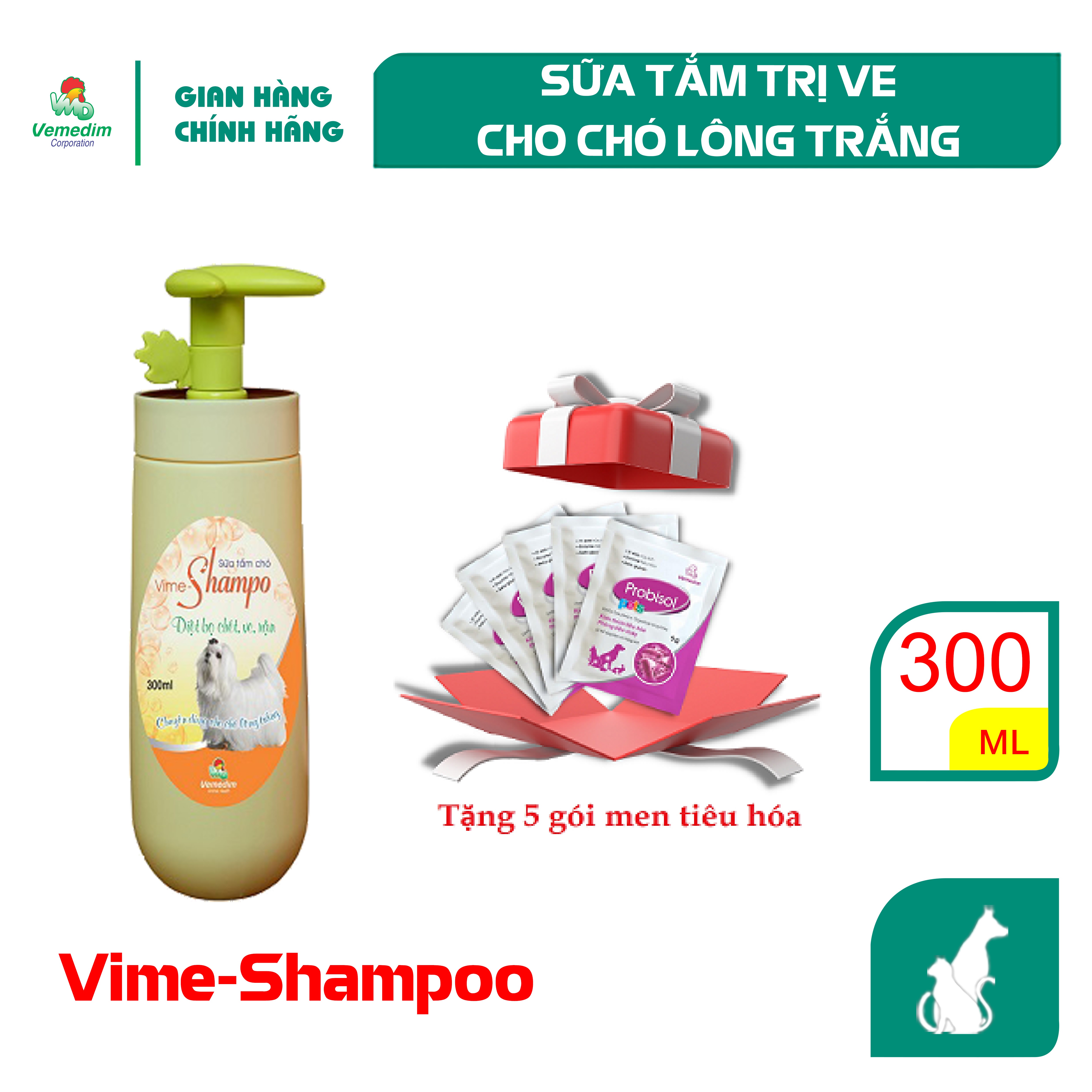 "Hoàn tiền đến 10%" Vemedim Vime-Shampo lông trắng, sữa tắm trị ve, mượt lông dùng cho chó lông trắng, chai 300ml (kèm quà tặng)