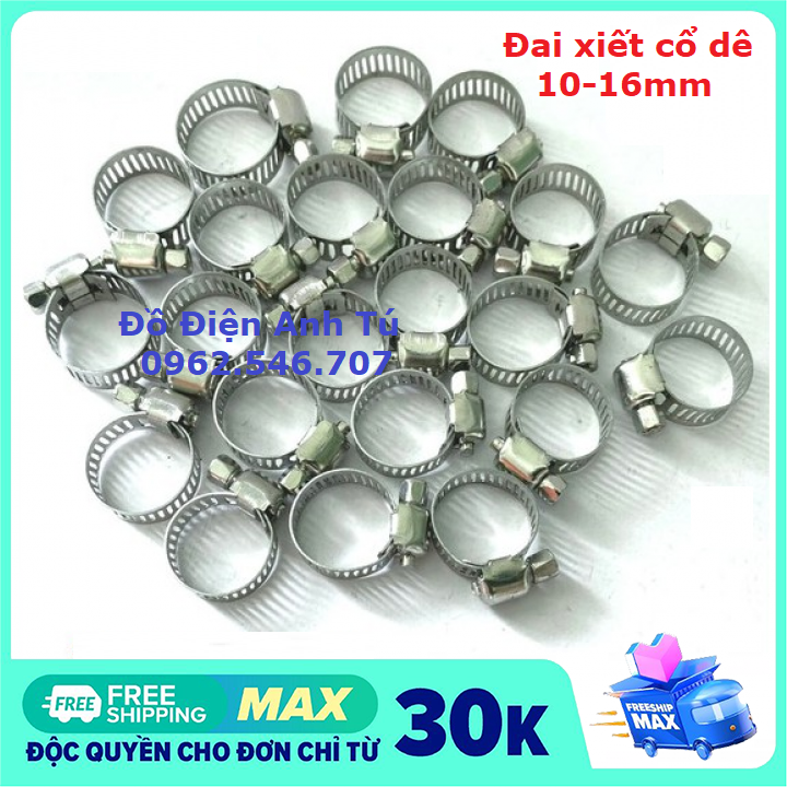 Combo 5 đai xiết inox- cổ dê- vòng đai xiết inox dùng xiết ống 10mm- 16mm