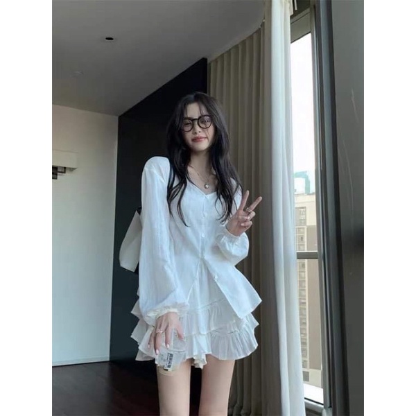 Set babydoll áo + váy xoè tay dài bồng trắng mặc đi tiệc đi chơi s037