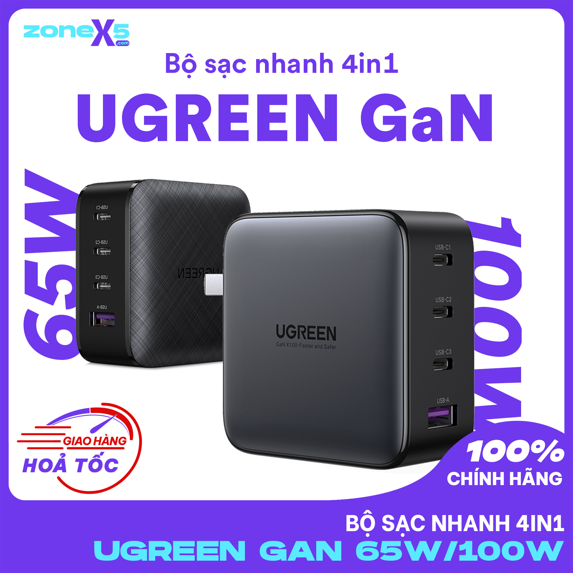 Củ sạc nhanh GaN UGREEN 100W - Hỗ trợ USB Power Delivery 100W, Quick Charge 4.0 3.0, Củ sạc nhanh PD