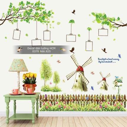 Decal dán tường giàn cây photo và cối xay gió