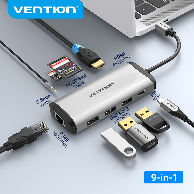 Vention Hub Type C HUB USB C Sang HDMI USB 3.0 Bộ Chuyển Đổi Thunderbolt 3 Sang TF/SD 3.5Mm RJ45 PD