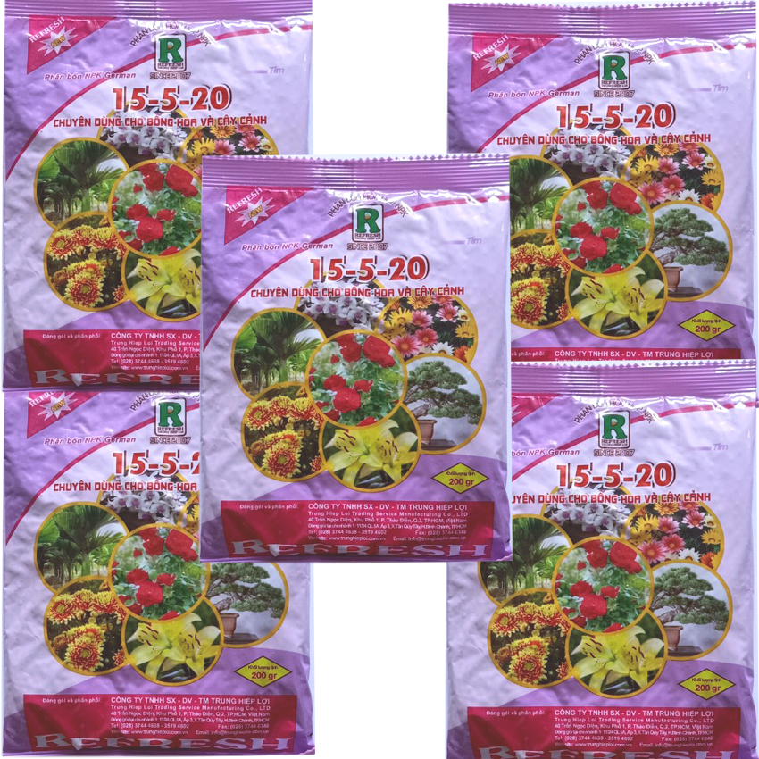 [HCM]5 gói Phân bón NPK cao cấp 15-5-20 chuyên dùng cho hoa cây cảnh kích thích cây ra hoa hoa trỗ đồng loạt màu sắc sặc sỡ giữ hoa lâu tàn gói 200gr (tím)