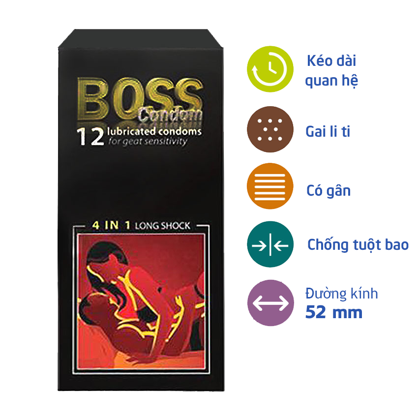 Bao cao su Boss 4in1 gân gai , kéo dài thời gian , hộp 12 chiếc