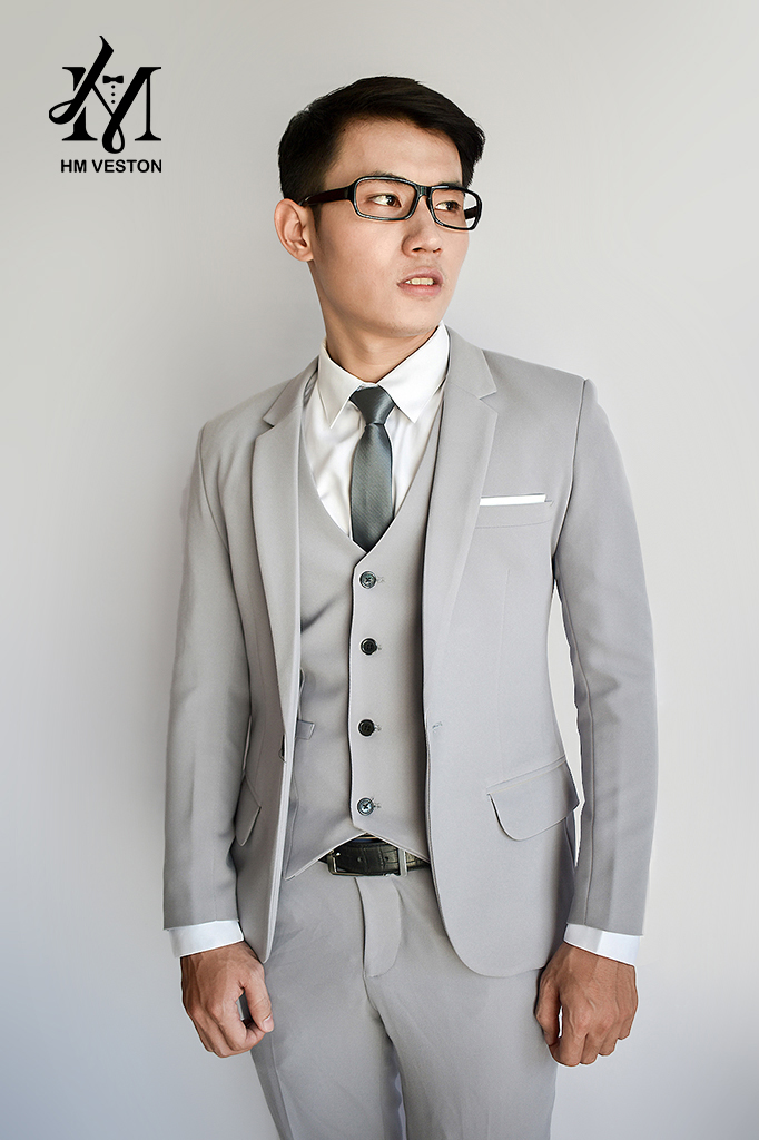 Combo bộ vest nam ôm body màu xám ghi (áo vest + quần tây + áo gile) tặng kèm cà vạt nơ