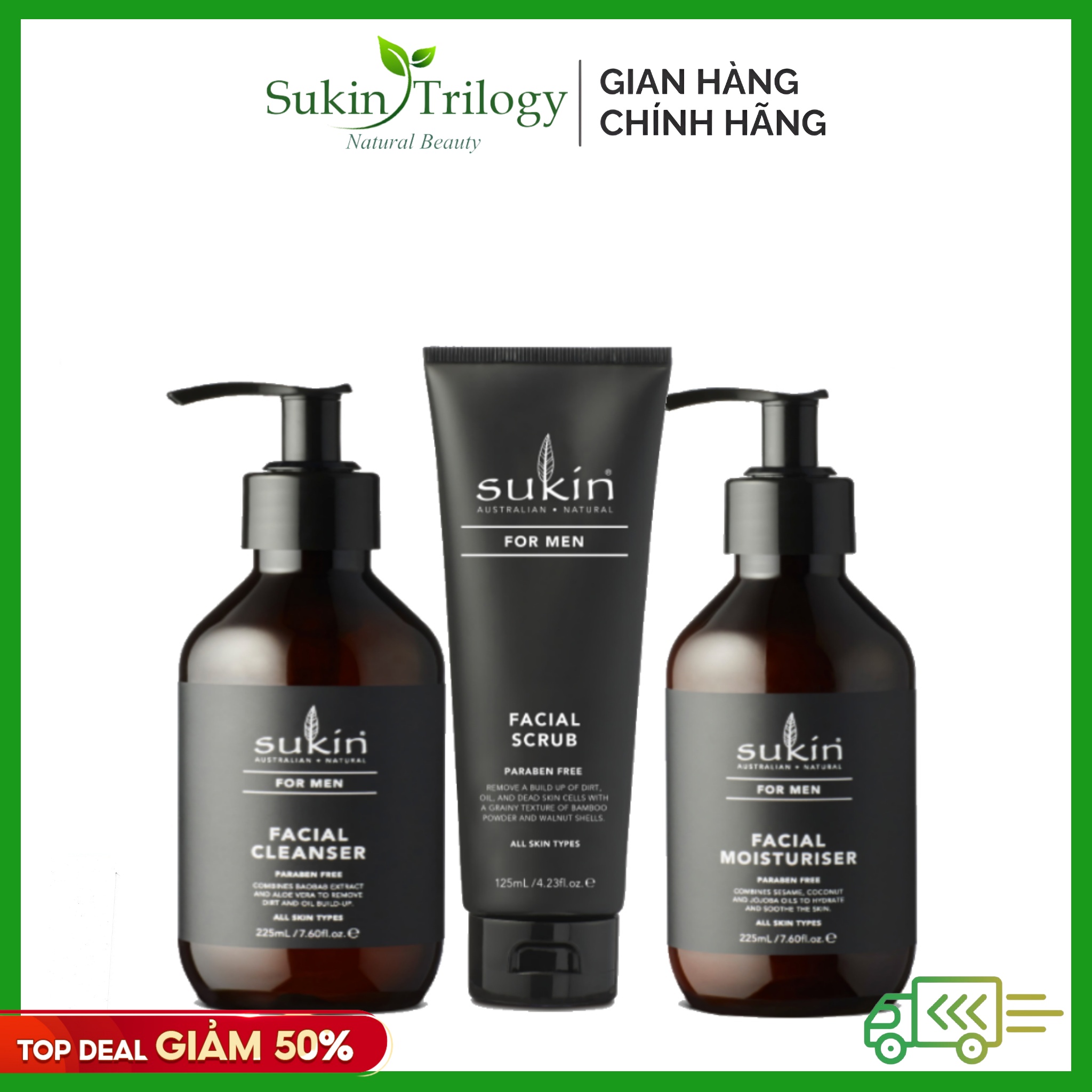 Bộ Chăm Sóc Da Mặt Dành Cho Nam Sukin For Men Facial (Men Cleanser 225ml + Men Scrub 225ml + Men Moisturiser 225ml)