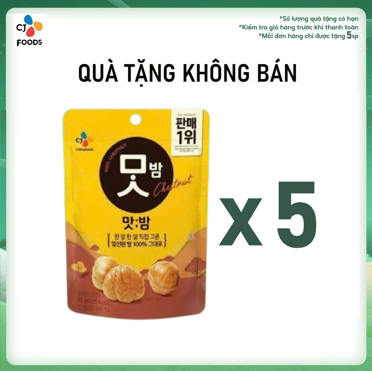 [Quà Tặng] Combo 5 Hạt dẻ rang ăn liền CJ Foods gói 80g (ăn vặt dinh dưỡng từ thiên nhiên) - Date 5/2025