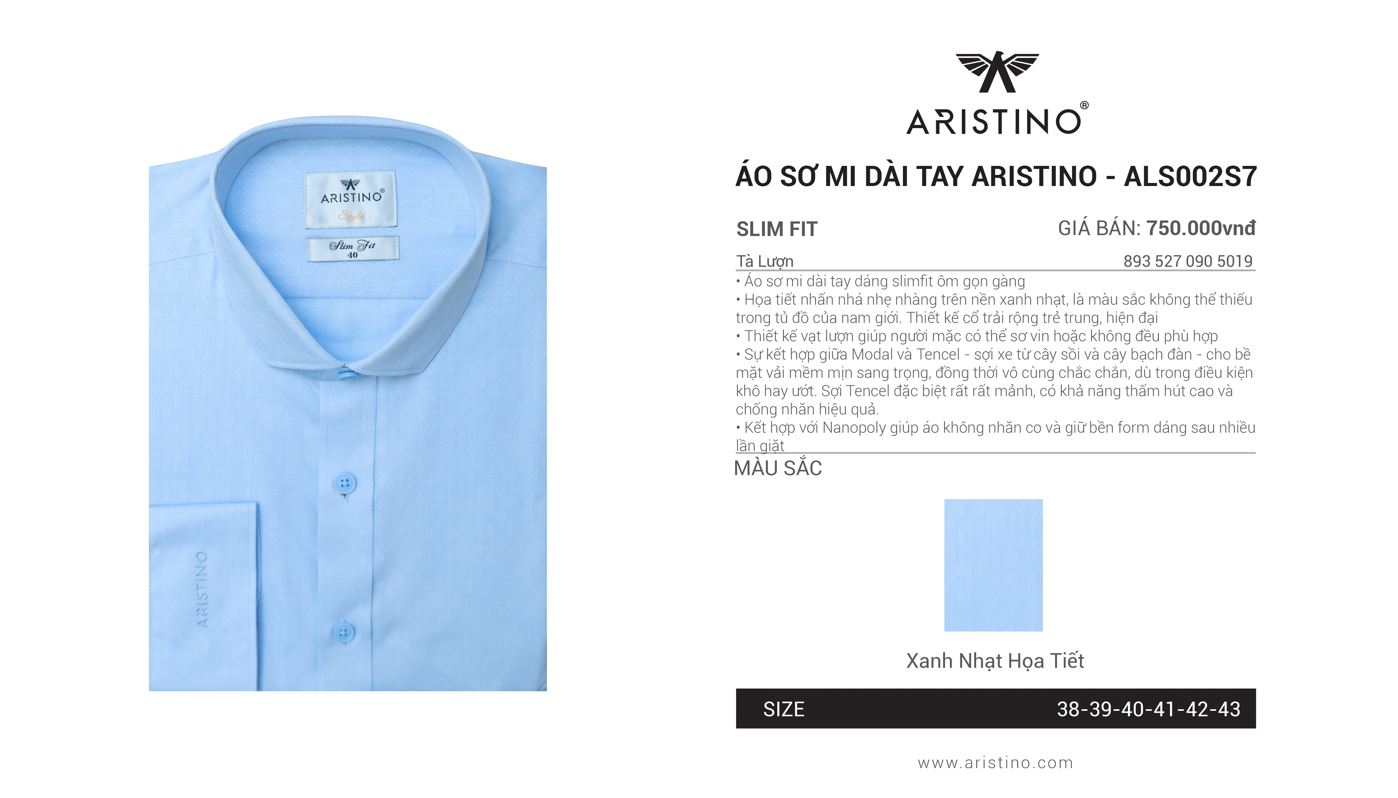 ÁO SƠ MI DÀI TAY MÀU XANH NHẠT ARISTINO ALS002S7