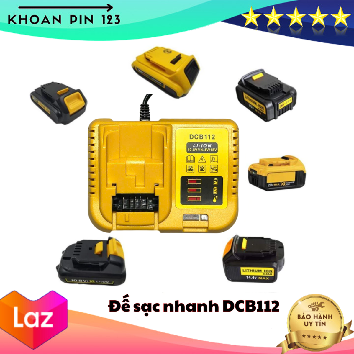 Bộ đế sạc lithium dcb112 dùng cho pin dewalt 12v/10.8v/14.4v/18v/20v