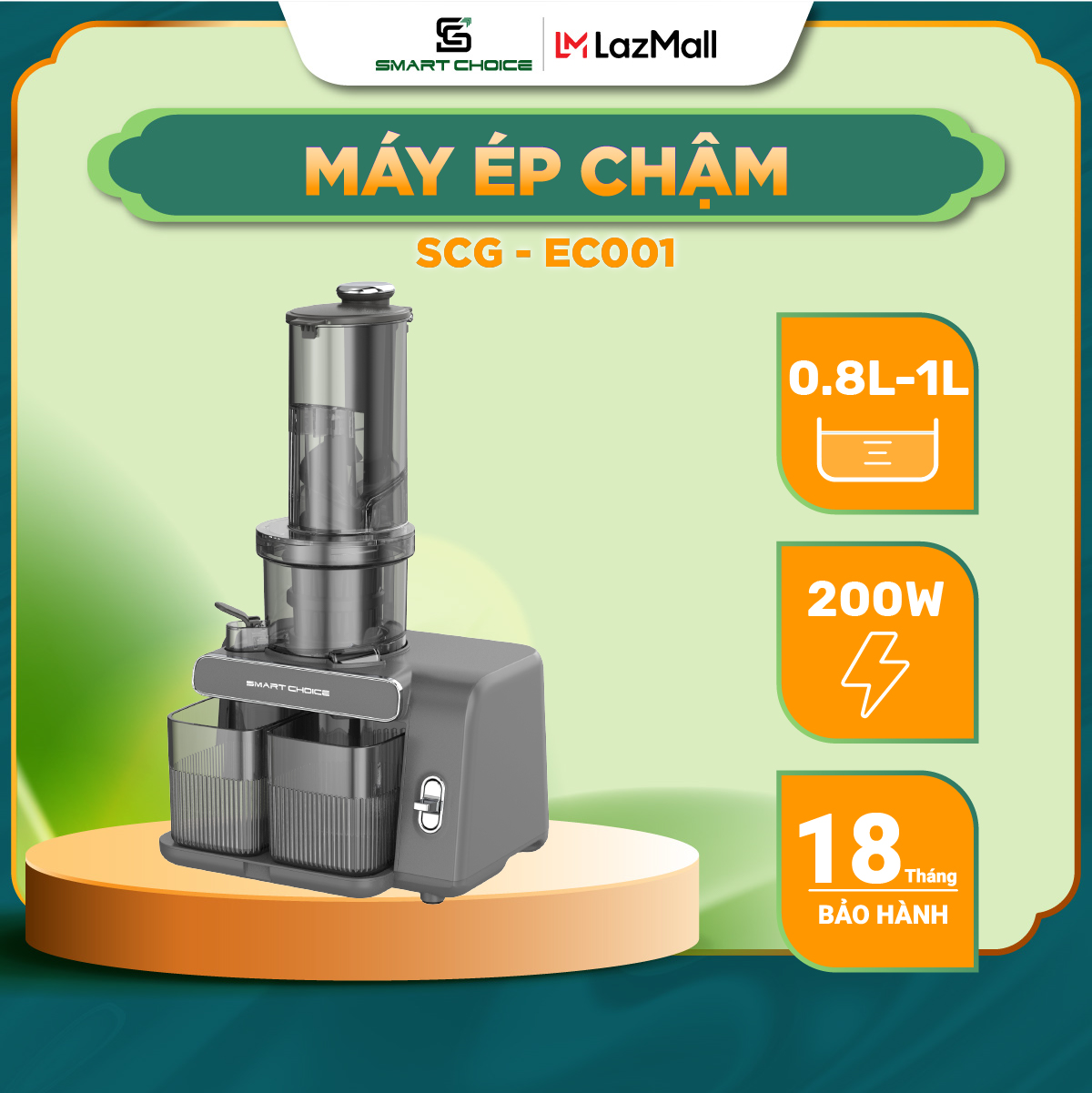 Máy ép chậm smartchoice scg-ec001, máy ép trái cây công suất 200w, ép kiệt bã tới 98%