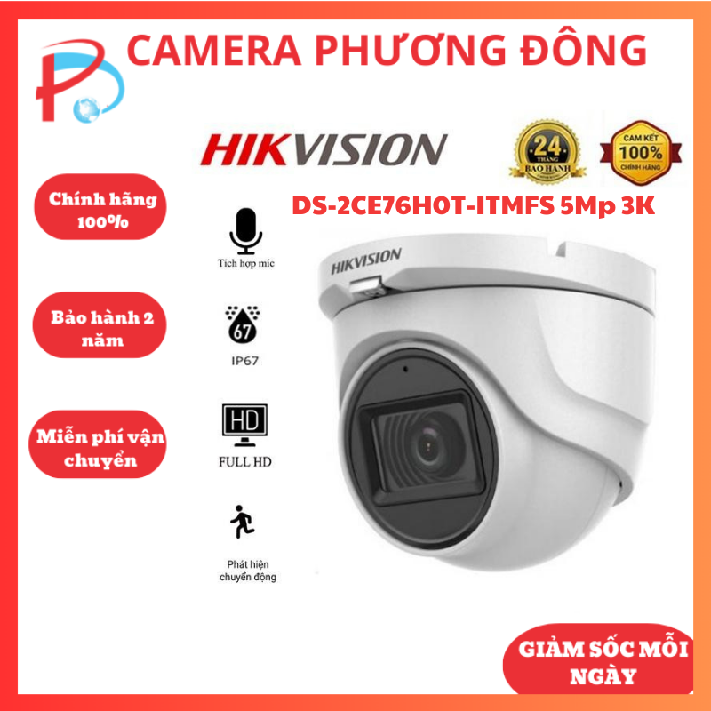 Camera dome hd-tvi hikvision ds-2ce76h0t-itmfs 5mp 3k tích hợp mic thu âm - hàng chính hãng