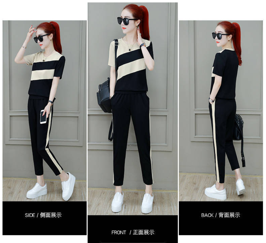 Đồ bộ thun thể thao nữ, quần lửng áo cộc tay không cổ, thân áo phối 2 màu