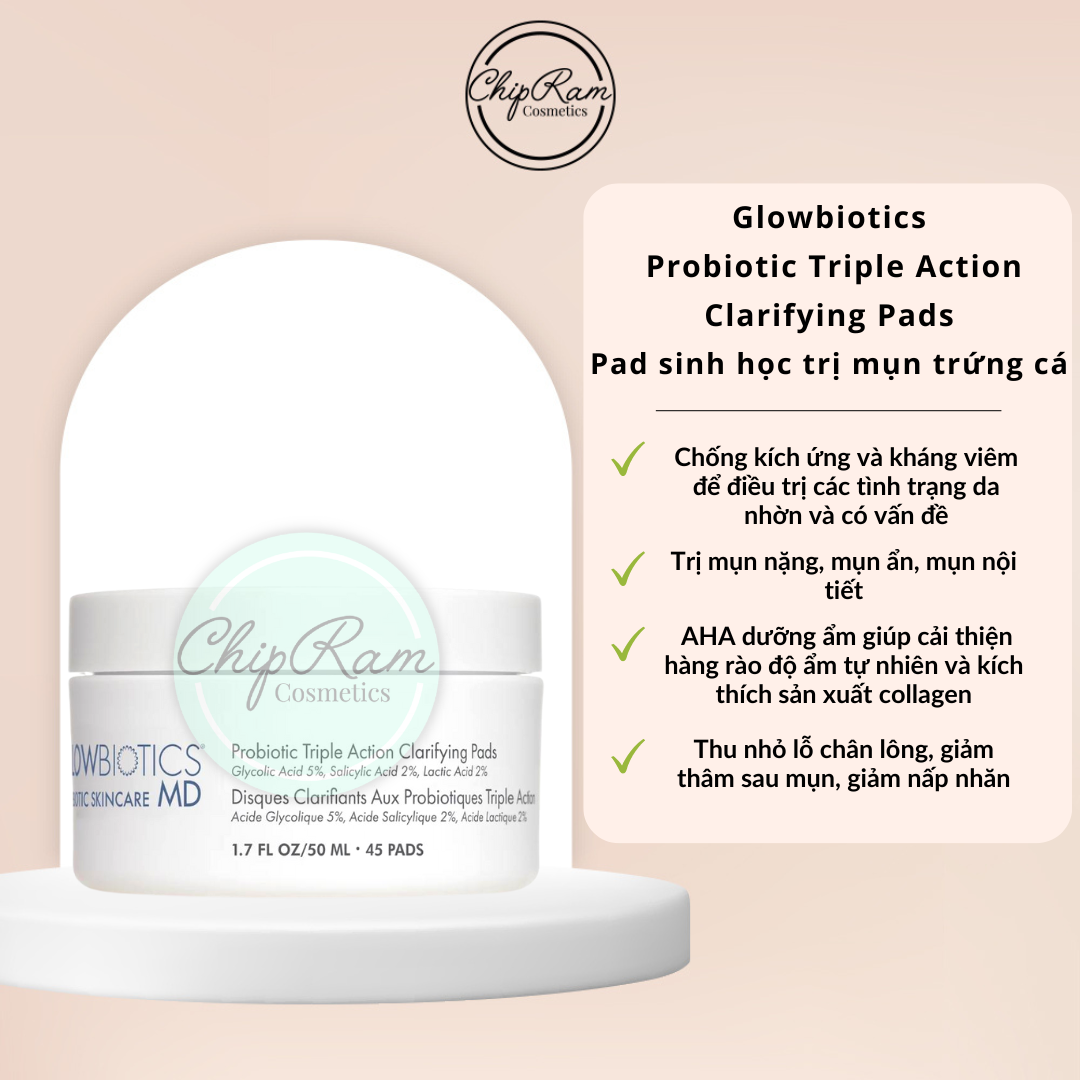 Pads làm sạch tẩy da chết giảm bít tắc dày sừng kiểm soát bã nhờn triple action clarifying pads level 2 glowbiotics 45 miếng