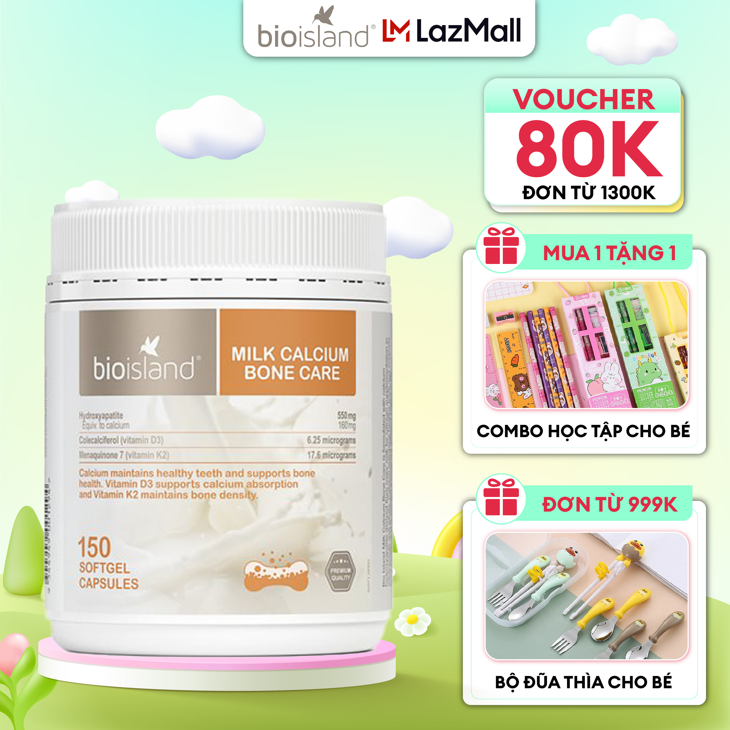 Viên bổ sung canxi hữu cơ Bioisland Milk Calcium Bone Care 150 viên hỗ trợ sự phát triển hệ xương và răng