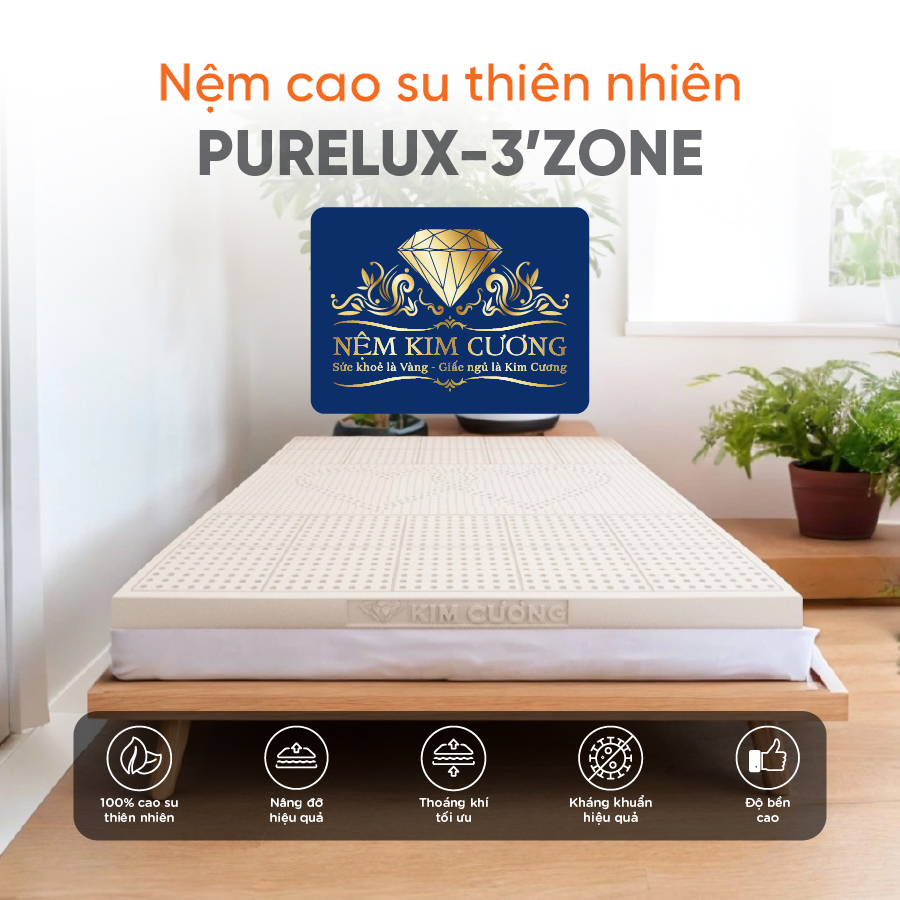 [Trả góp 0%] Nệm cao su thiên nhiên Kim Cương PURELUX - 3’Zone 160 x 200 x 10cm- BẢO HÀNH 12 NĂM