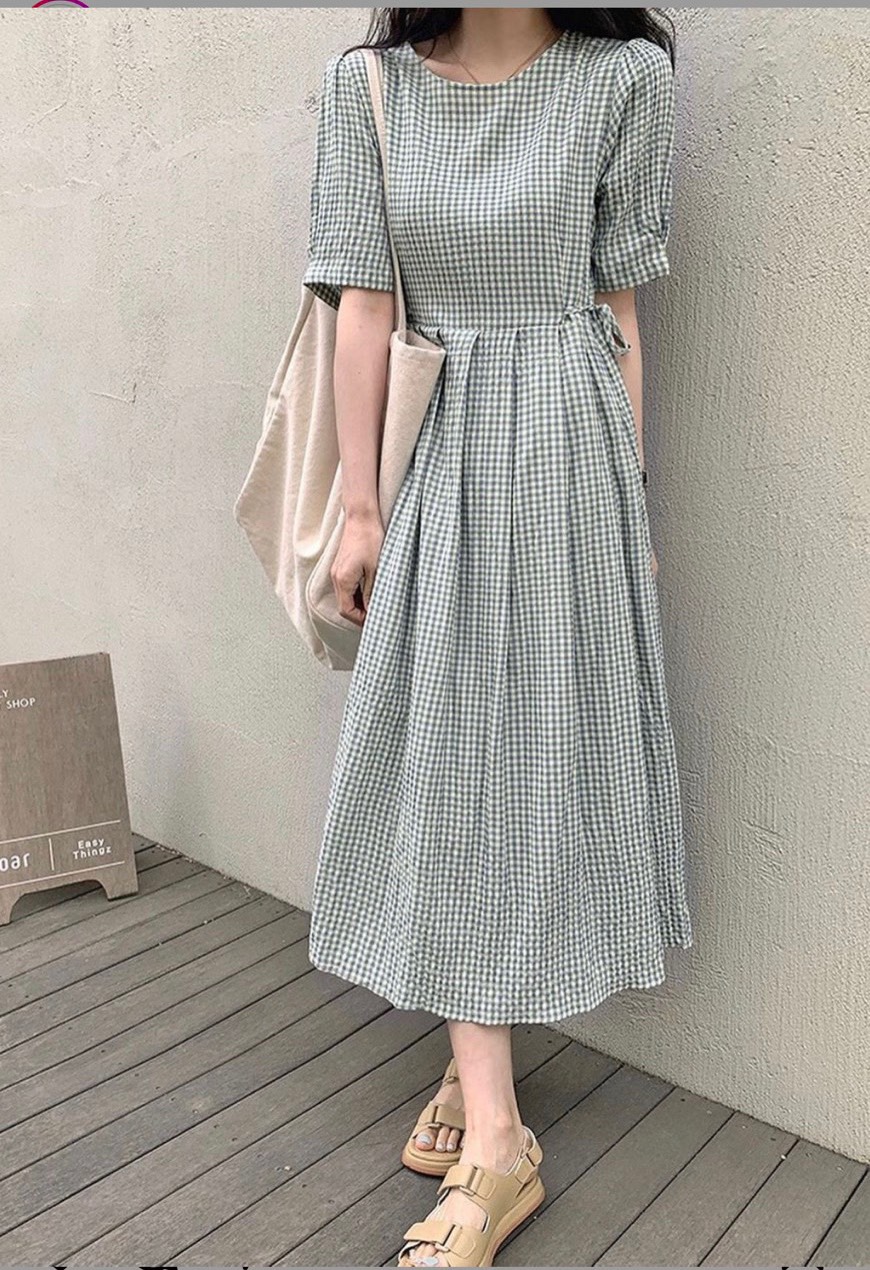 Đầm caro babydoll dây thắt nơ eo