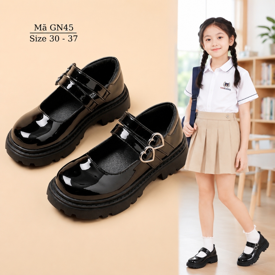 Giày Búp Bê Bé Gái Đế Bánh Mì Mary Jane Khoá Trái Tim 5 - 12 Tuổi màu đen da bóng đồng phục trường quốc tế, Vinschool, Ngôi Sao GN45