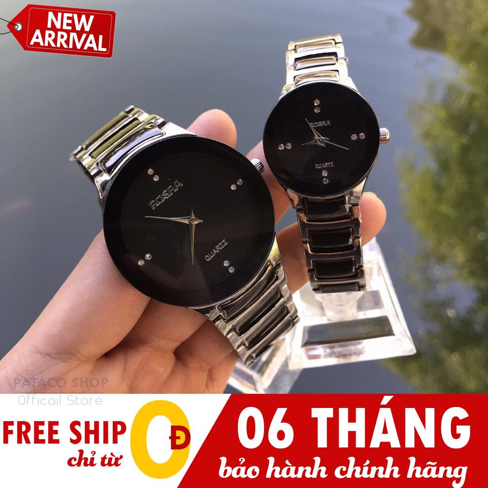 Đồng hồ thời trang nam nữ, Đồng hồ cặp ROSRA R73, Dây kim loại cao cấp, Mặt đính đá thạch anh cực đẹp