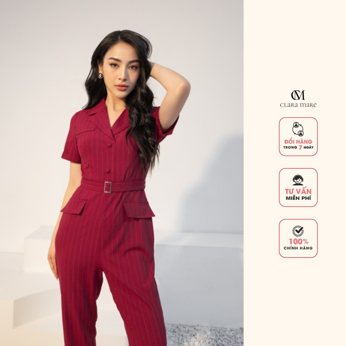 Jumpsuit áo liền quần, hoạ tiết kẻ, cổ 2 ve, tay ngắn, có đai đi kèm chất liệu tuytsi kẻ hàn, co giãn nhẹ CLARA MARE JUM4004