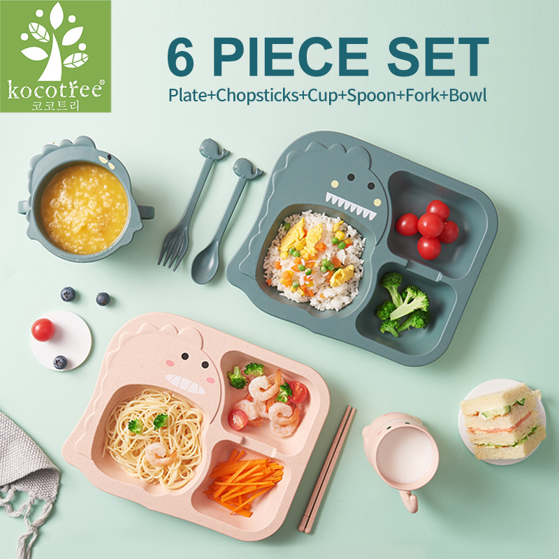 Kocotree Bộ bát đũa và khay ăn dặm hình hoạt hình khủng long chất liệu nhựa dành cho bé trai và bé gái - INTL