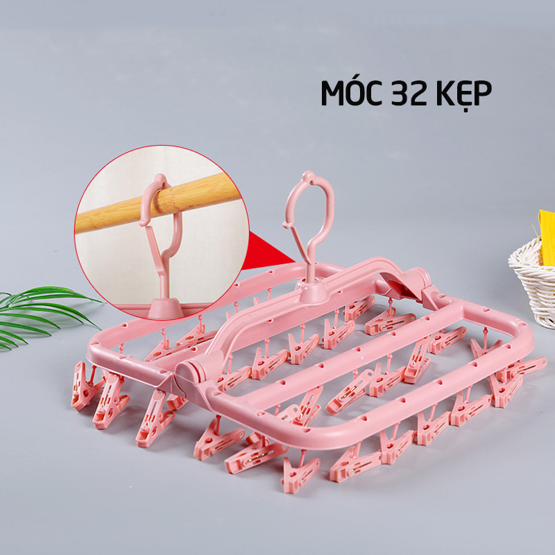 Giàn phơi đồ, móc chùm vuông nhựa cao cấp đa năng 32 kẹp gấp gọn tiện lợi phơi, treo quần áo, khăn tất trẻ em.