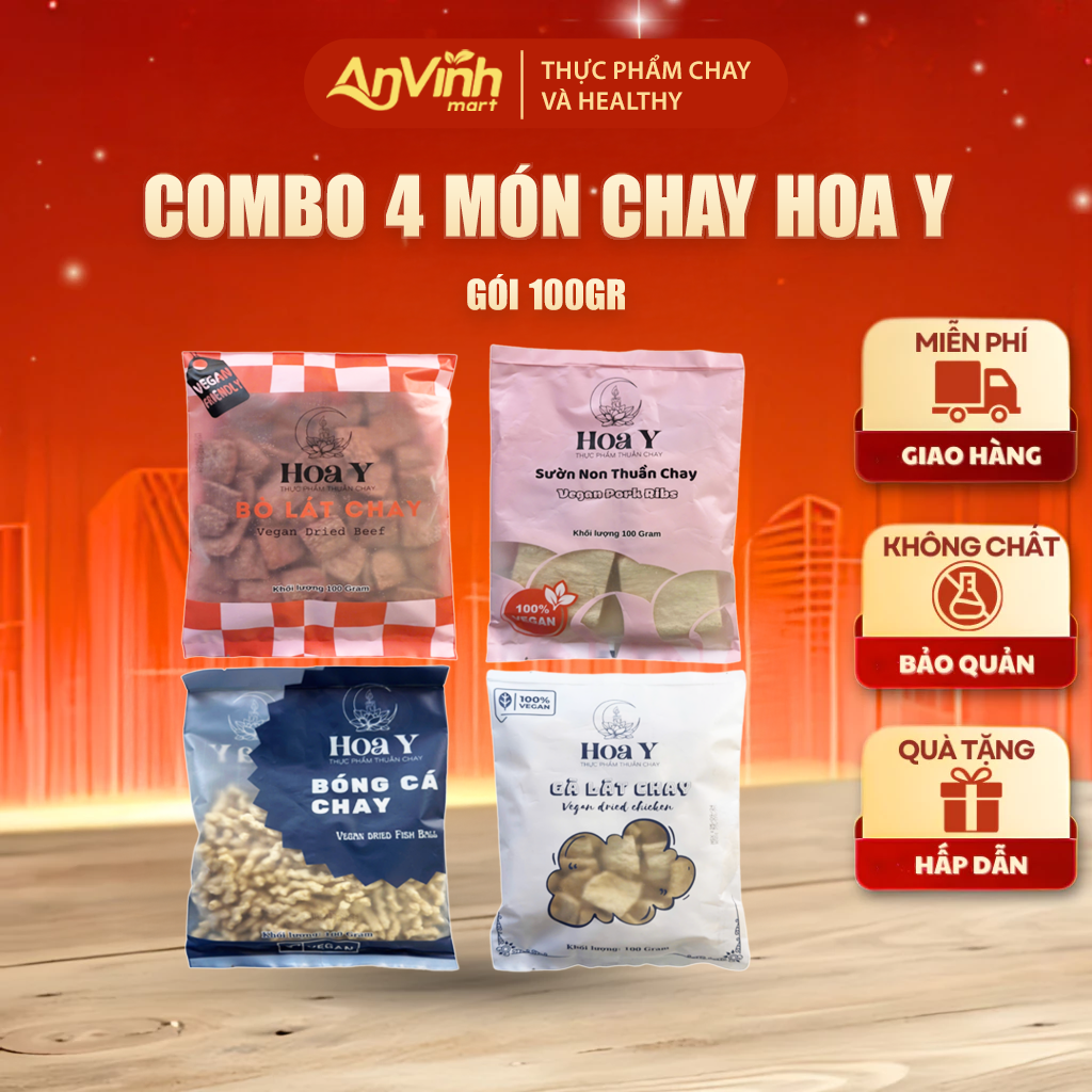 COMBO Thực phẩm chay Hoa Y 4 món 100gr (sườn non, gà lát, bò lát, bóng cá)
