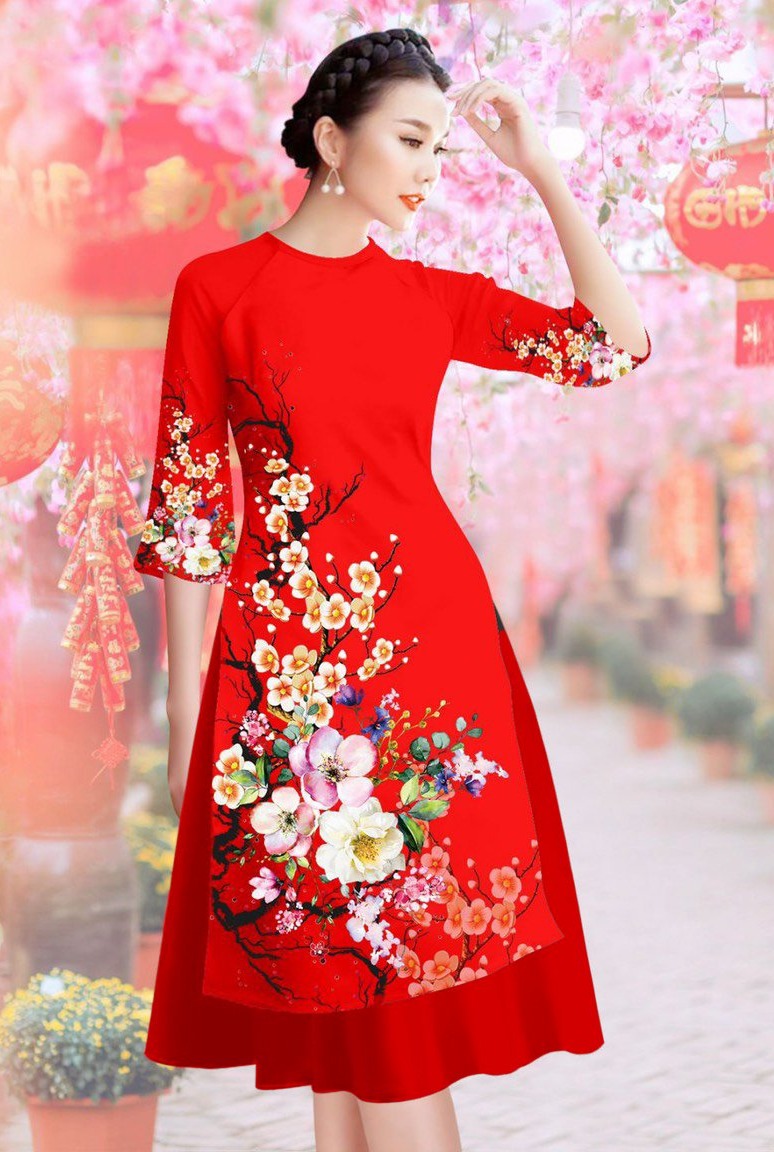Áo dài cách tân họa tiết hoa mẫu mới bộ áo dài may sẵn nhiều size có big size bán cả bộ áo dài kèm chân váy