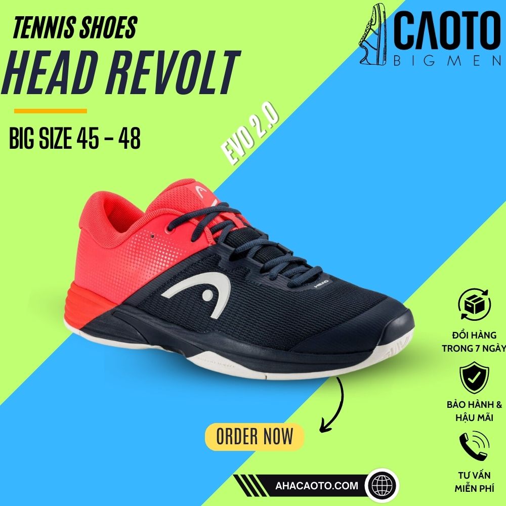 Giày Tennis Thể Thao Head Revolt Evo 2.0 Màu Đen Gót Đỏ Big Size - Giày Tennis Thể Thao Nam Big Size 45 46 47 48