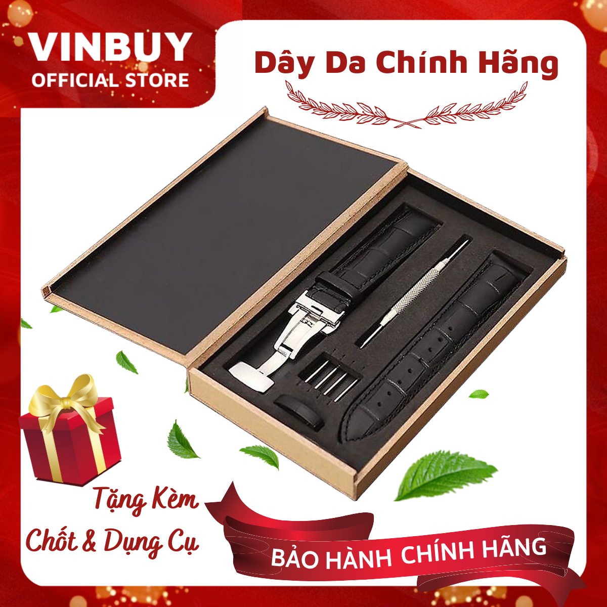 [Da Thật] Dây Đồng Hồ Da Bò Khóa Bướm Chống Gẫy Dây Kèm Hộp Đựng Bằng Gỗ Và Dụng Cụ Thay Dây (Size 18mm, 20mm, 22mm) – Chính Hãng - VinBuy