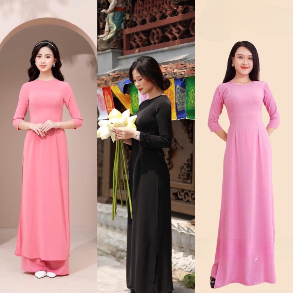 Áo dài trơn màu hồng dâu- hồng vỏ đỗ- đen 2 tà