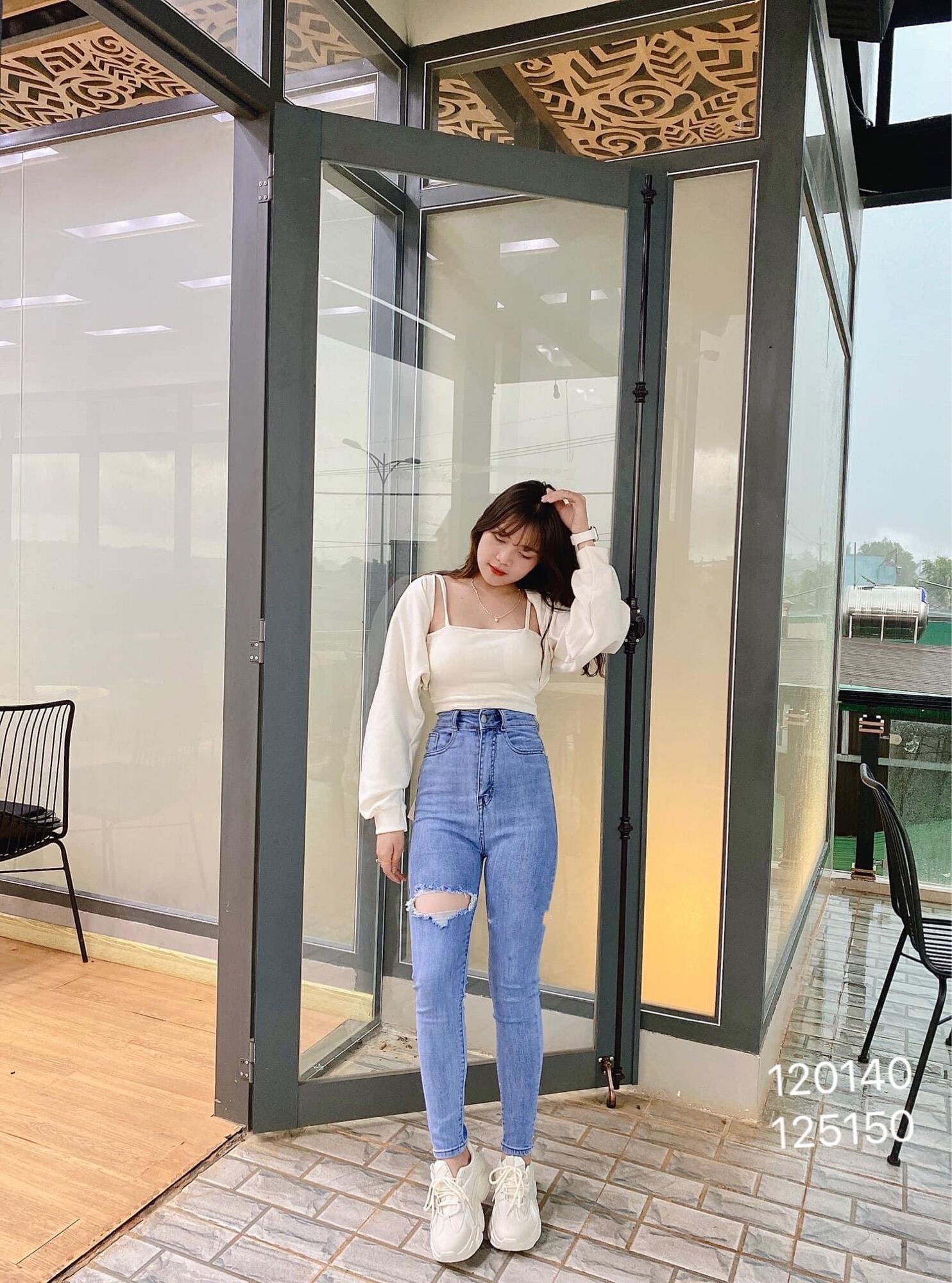 Set Jeans dài co giãn rách Tim + Set 2 món áo khoác trắng