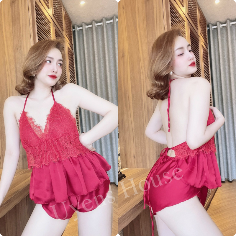 Set yếm ngủ có mút ngực chất satin mềm mịn