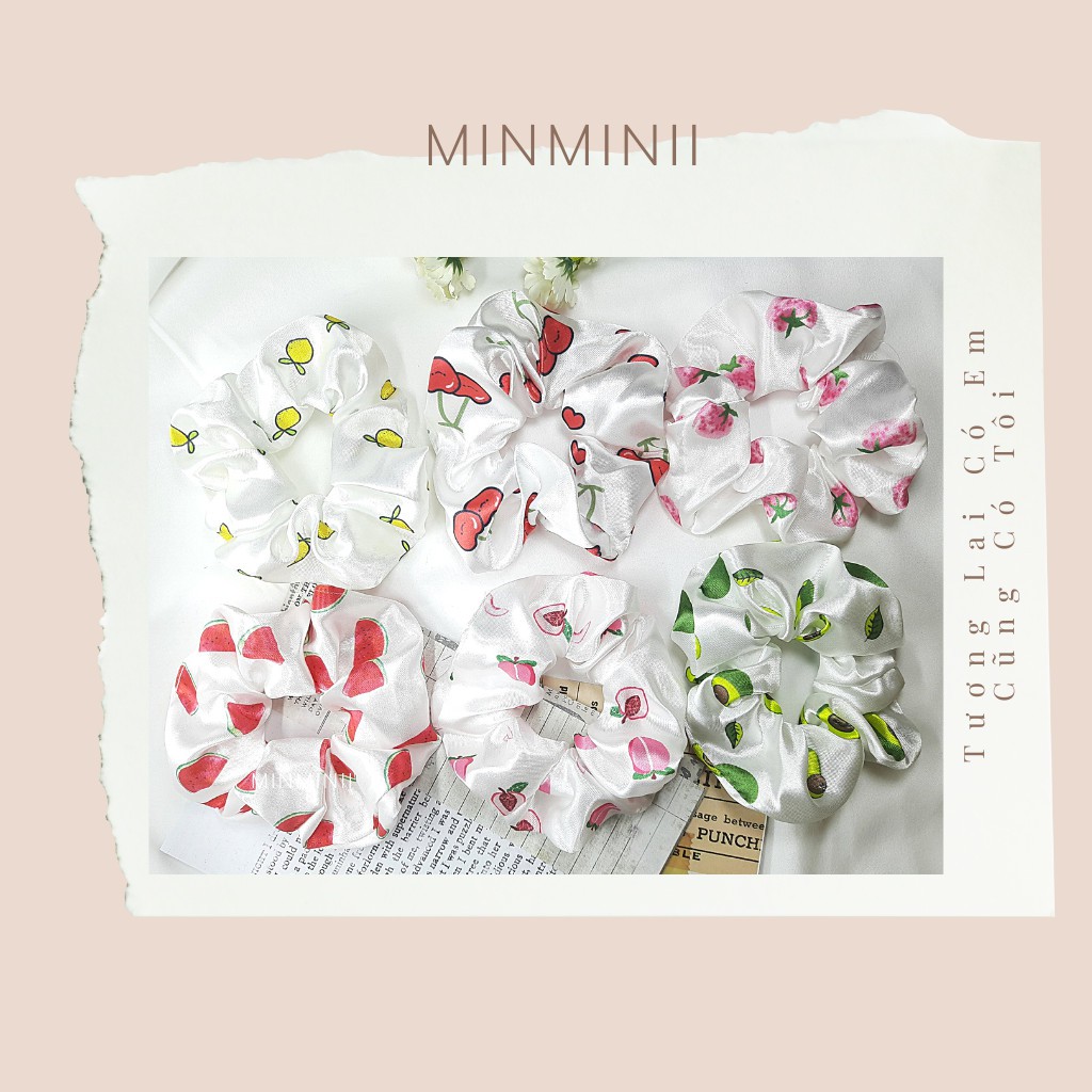 Dây buộc tóc nữ, cột tóc nữ, dây buộc tóc scrunchies nữ, dây buộc tóc phi lụa hình trái cây phong cách hàn quốc