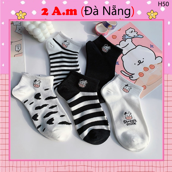 Tất Vớ Cổ Ngắn Nữ Họa Tiết Bò Sữa Dễ Thương Chất Liệu Cotton Màu Trắng Đen Đẹp Thời Trang