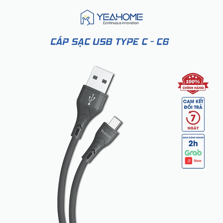 Dây cáp sạc USB Type C YOOBAO C6 cho Samsung, Android, dài 1m, truyền tải dữ liệu nhanh chóng, cao cấp, độ bền cao